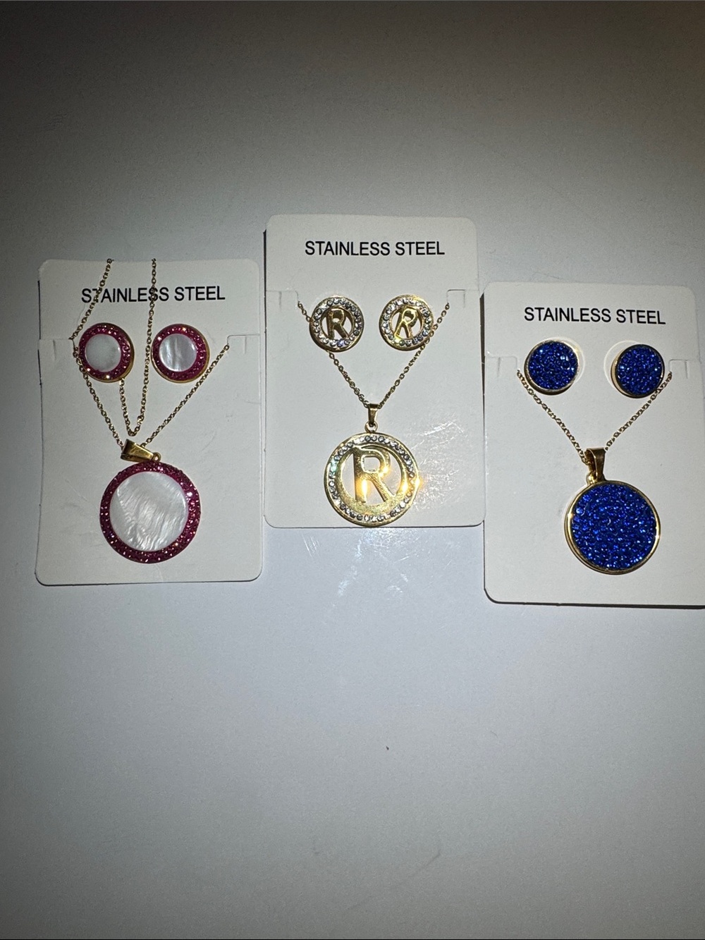 Gold Stainless Steel Blue Druzy Round Pendant Necklace with Matching Studs